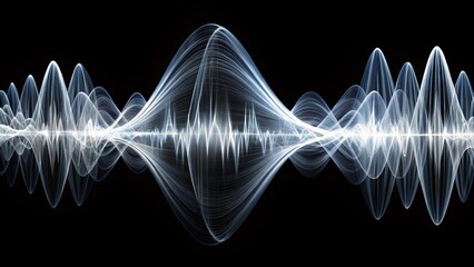 Abstract White Sound Waves on Black Background - Long Exposure Audio Wave Animation for Visualizing Sound Frequencies and Effects in a Minimalist Style