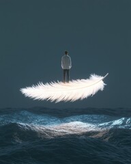 Floating in serenity man on a feather above ocean waves digital art ethereal environment surreal concept