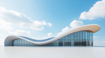 A large building with a curved roof and lots of windows