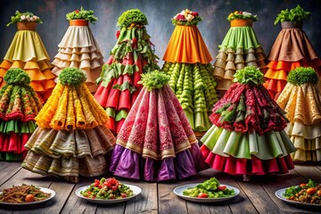 A Colorful Display of Various Skirt Types: A Food Photography Session Featuring Delicious Dishes Styled with Fashionable Skirts in an Artistic Culinary Setting