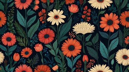 Seamless floral pattern. Endless background, blooming field plants Generative AI