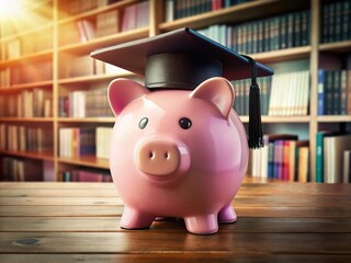 A Creative Representation of Financial Success: A Pink Piggy Bank in Graduation Cap Surrounded by Books in a Cozy Library Setting
