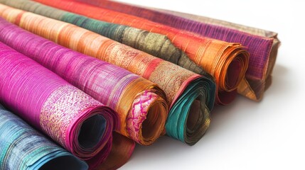 A row of colorful rolls of fabric