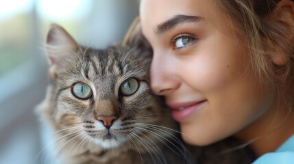 A young woman smiling closely with her cat, highlighting their bond and affection.