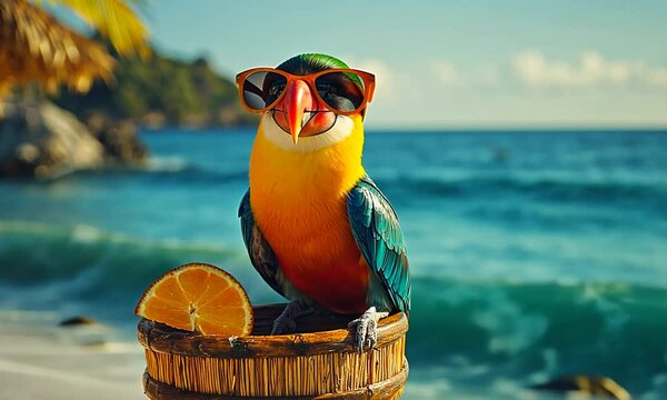 Tropical Beach Scene Featuring a Colorful Parrot in Sunglasses Enjoying a Refreshing Drink