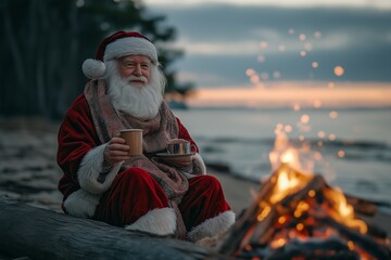 Fototapeta premium A joyful Santa enjoys a cozy drink by a New Year's bonfire on the beach, surrounded by the serene ocean view, celebrating the warmth of Christmas with festive spirit.