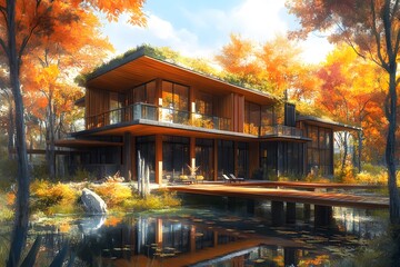 Fototapeta premium 3D visualization of a modern private house in the forest. cozy house 