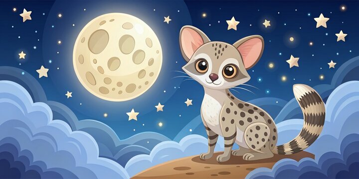 Adorable Cartoon Geneta Illustration in Flat Style for Baby Designs, Greeting Cards, and Posters, Perfect for Childish Themes and Night Photography Inspiration