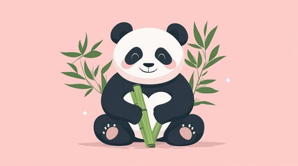 Obraz premium Cute panda sitting with bamboo on a pink background.
