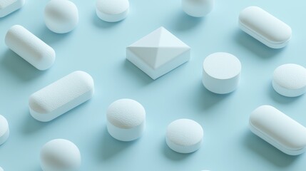 Minimalist 3d geometric shapes on soft blue background for contemporary design