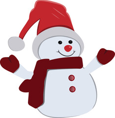 Cheerful cartoon snowman with a red santa hat and scarf