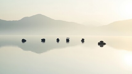 A serene landscape with a variety of cultural symbols gently floating on a calm, reflective lake, Depicting the peaceful coexistence and reflection of diverse cultures