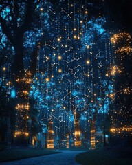 Naklejka premium Magical light display celebration in enchanted forest captivating night scene vibrant and dreamy atmosphere