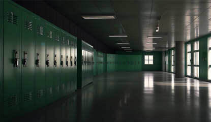 Fototapeta premium Empty School Hallway with Green Lockers and Natural Light