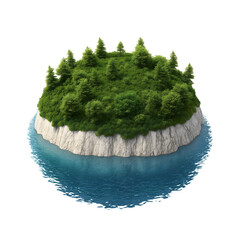A small, lush island surrounded by clear blue water, featuring vibrant green trees and rocky cliffs, ideal for nature and travel themes.