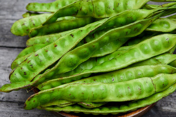 Close-up of bitter bean in wooden plate