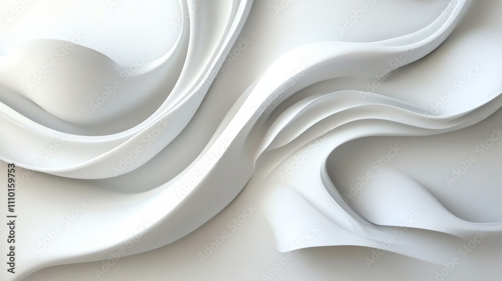 Poster smooth white wave pattern flowing across a minimalist white background, creating a calming abstract 