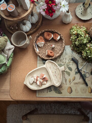 Flat Lay of Craft Table with Tools and Materials for Teddy Toy Making