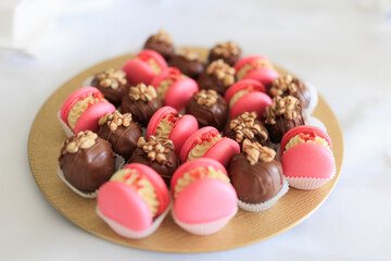 Freshly baked colored macaroon pastry cookies macarons