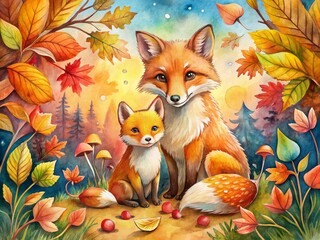Fototapeta premium Adorable watercolor illustration featuring a cute fox mother and her baby, surrounded by vibrant autumn leaves and whimsical mushrooms in a serene woodland setting.