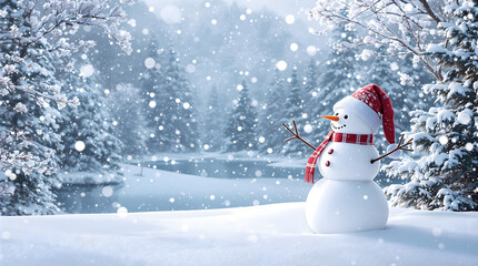 Obraz premium happy new year and Merry christmas. Happy snowman standing in christmas landscape, greeting card with copy space. Snow background. Winter fairytale.