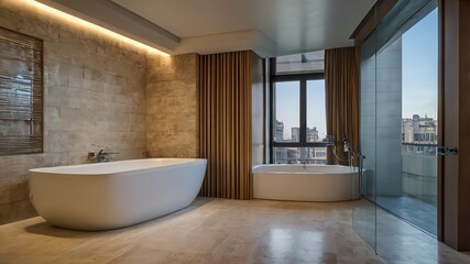 Fototapeta premium Modern hotel bathroom interior with tub and shower behind partition, window, High Resolution