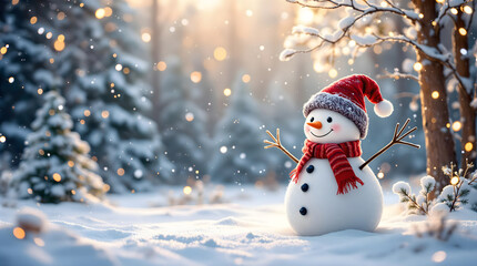 Fototapeta premium Merry christmas and happy new year greeting card with copy space. Snow background. Winter fairytale with Sunlight. Happy snowman standing in christmas landscape.