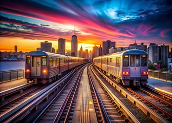 Fototapeta premium A Dusk Scene of Subway Trains Passing by Each Other in Slow Motion, Capturing the Dynamic Energy of Urban Transit with a Beautiful Twilight Backdrop and Ample Copy Space