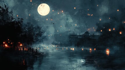 Fototapeta premium A creative illustration of A moonlit celebration by a river, with people releasing lanterns into the sky and onto the water as part of an autumn ritual 