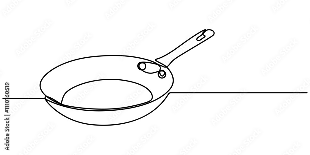 Poster Frying pan icon continuous one line drawing vector. Single line frying pan icon vector background. Frying pan icon. One outline of a frying pan icon, Frying Pan Continuous Line Icon Web Banner, Single