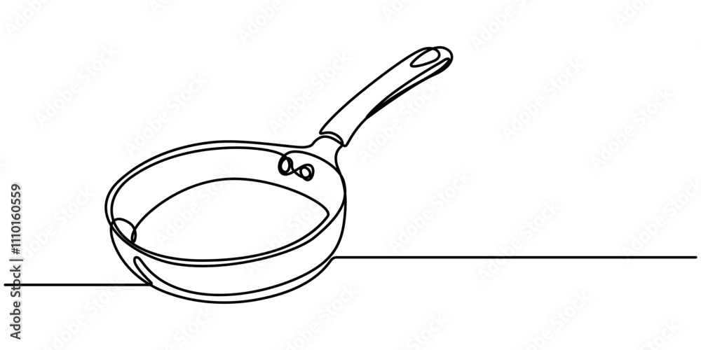Poster Frying pan icon continuous one line drawing vector. Single line frying pan icon vector background. Frying pan icon. One outline of a frying pan icon, Frying Pan Continuous Line Icon Web Banner, Single