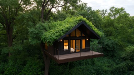 A small wooden house with a green roof and a window