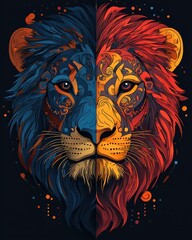 Dramatic duality of a lion artistic design digital art vibrant colors close-up view symbolizing strength and unity