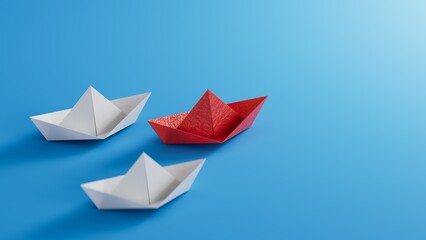 Different business concept.new ideas. paper art style. creative idea.fleet of origami paper boats. Teamwork concept.3D rendering on blue background.