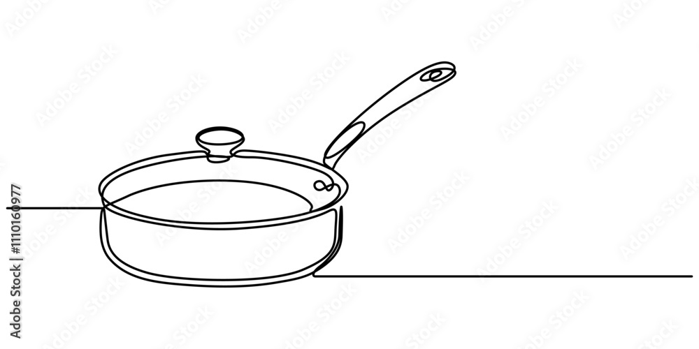Poster Frying pan icon continuous one line drawing vector. Single line frying pan icon vector background. Frying pan icon. One outline of a frying pan icon, Frying Pan Continuous Line Icon Web Banner, Single