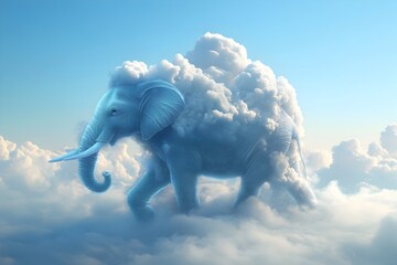 Dreamy Elephant Made of Clouds Traversing the Horizon with Playful Trunk Raised in Surreal Digital