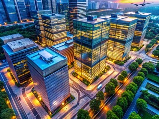 Aerial Drone Photography Capturing the Process of Moving Files Between Locations with Modern Technology and Office Equipment for Digital Transformation