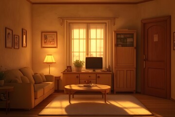 Fototapeta premium Home interior with furniture and tv. Living room with blue sofa, television set on stand, coffee table, carpet, bookcase, plants and pictures on wall, vector cartoon illustration isolated on white