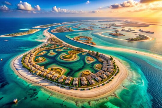 Aerial Macro View of Ras Al Khaimah's Al Marjan Island: Stunning Coral-Shaped Artificial Islands Surrounded by Turquoise Waters and Lush Greenery in the U.A.E. Landscape