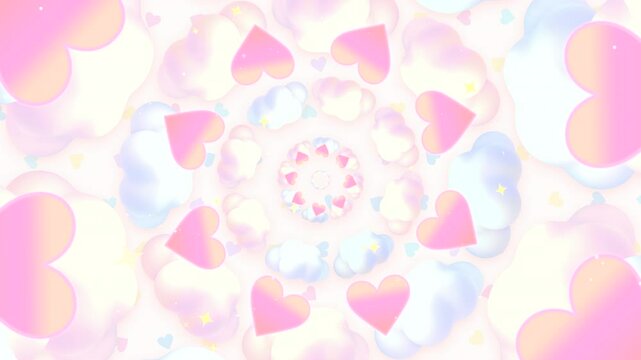 Looped spinning pastel hearts and clouds motion graphics.