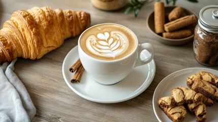 Freshly Baked Croissant and Latte on Café Table with Treats
