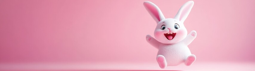 Fototapeta premium Joyful Cartoon Bunny, Vibrant Colors, Energetic Leap, Cheerful Expression, Playful Design, Whimsical Charm, Ample Copy Space