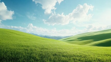 Fototapeta premium Dreamy Pastures, Lush Green Hills Under Bright Skies, Serene and Uplifting Landscape with Expansive Open Space
