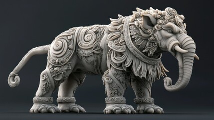 Ornate White Stone Elephant Statue with Intricate Detailing