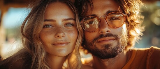 Cheerful young couple enjoying a sunny day in the park with smiles and warm expressions capturing joyful moments together.
