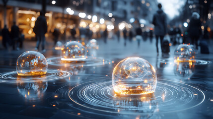 futuristic urban scene featuring glowing holographic spheres on bustling street, showcasing advanced technology and vibrant city life