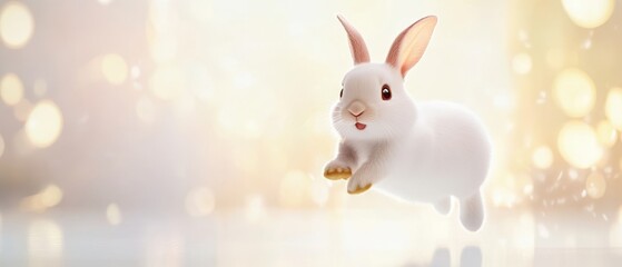 Fototapeta premium Joyful Cartoon Bunny Leaping in Bright White Space, Exuding Happiness and Playfulness, Perfect for Cheerful Themes