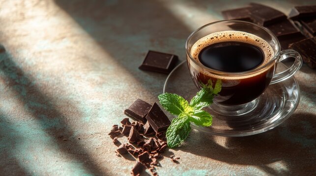Melange coffee captures the essence of rich flavors, harmonizing dark chocolate and fresh mint, beautifully presented in a glass cup with a rustic backdrop of warm hues.
