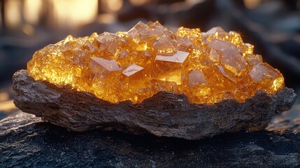 Fototapeta premium Glowing citrine quartz cluster on rock surface captures natural beauty and warmth