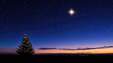 Starry night sky with clouds and illuminated Christmas tree silhouette at dusk displaying a serene winter landscape